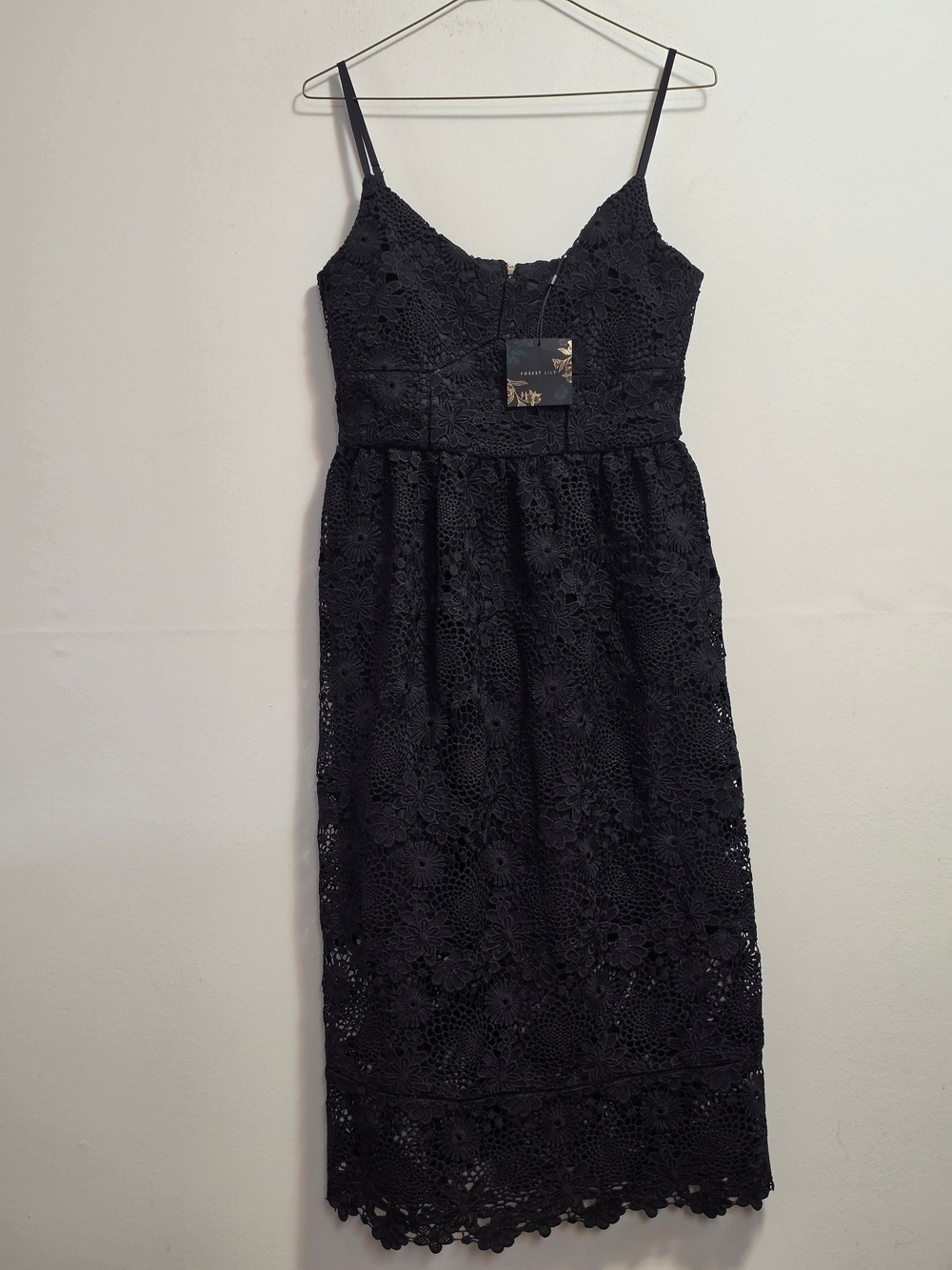 Forest Lily Black Floral Lace Midi Dress with Spaghetti Straps